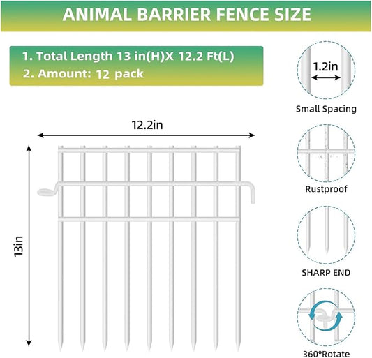 12 Pack Animal Barrier - White Rustproof Metal Fence Border, 13in(H) x12.2ft(L), 1.2in Gap for Dog & Rabbit Prevention
