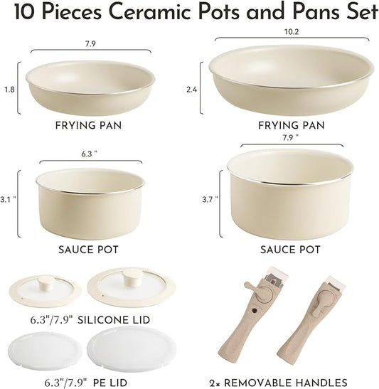 10-Piece Ceramic Nonstick Cookware Set, PFAS/PFOA/PTFE-Free & Non-Toxic Pots and Pans Set with Detachable Handles, Dishwasher Safe & Induction Compatible for Kitchen & RV Cooking