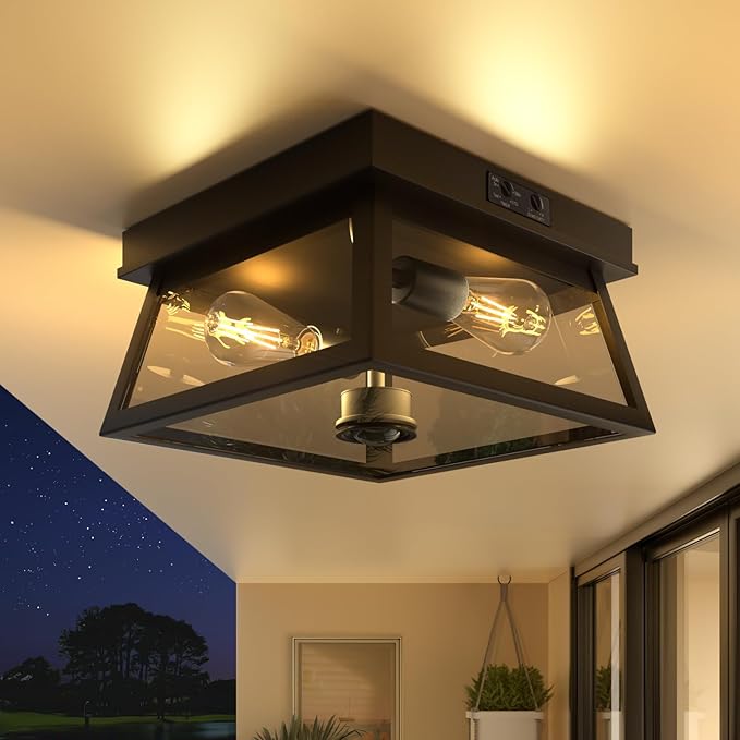 Motion Sensor Outdoor Ceiling Light, Flush Mount Black Porch Ceiling Lights Adjustable 2-Light Fixture with E26 Sockets, Closed Bottom, Glass and Metal for Garage, Patio, Hallway, Farmhouse