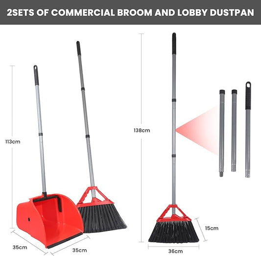 Commercial Broom and Dustpan Set, Jumbo Lobby Debris Dustpan (13.5inch*13.5inch), Heavy Duty Broom (14inch Width), 2 Sets, Red,for Indoor and Outdoor Cleaning