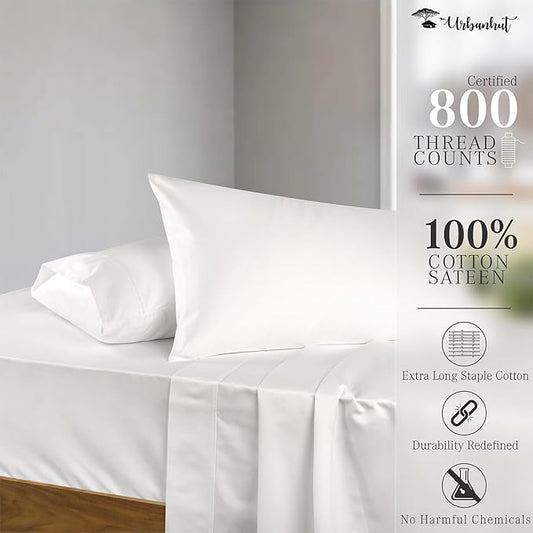 URBANHUT 800 Thread Count Egyptian Cotton Sheets California King Size, Long Staple Sheets Set for Cal King Bedding, 4 Pc Bed Sheet Sets, Luxury Hotel Sateen Sheets Fits 16" Deep Pocket - White