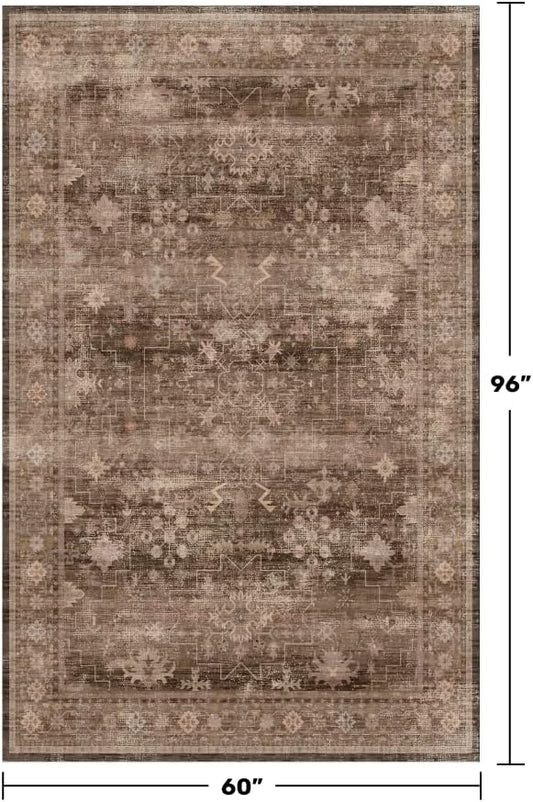 Taupe Brown 5x8 Rug for Living Room - Vintage Traditional Dark Neutral Geometric, Washable Foldable Non-Slip Area Rugs for Dining Under Table, Home Office, Guest Room
