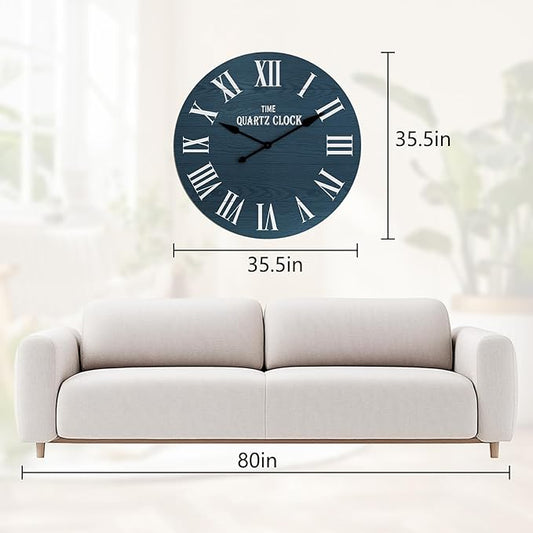ARTPOWER Large Farmhouse Wall Clock, 35.5” Shiplap Wall Clock with Roman Numeral, Nearly Non-Ticking, Round Wall Clocks for Living Room Decor, Office, Bedroom, Entrance, Navy Blue