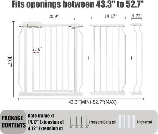 Extra Wide Baby Gate - 48-52.7 Inch Tension Mounted Safety Child & Pet Gate - White Metal - Walk Through - Long - for House Doorways & Stairs
