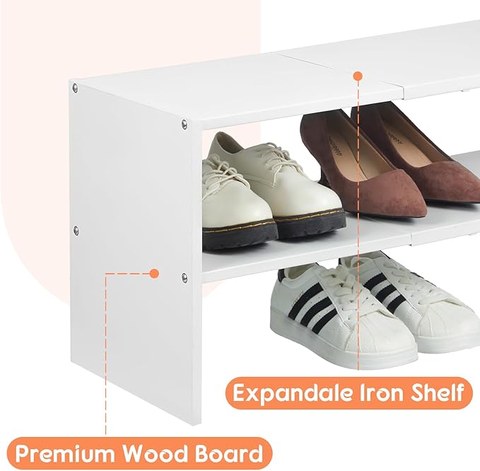 2 Pack Expandable White Shoe Rack Organizer for Closet, 2-Tier Stackable Shoe Storage Shelf, Small Iron Wood Combination Shoe Shelves for Closets,Entryway,Front Door, Narrow Space,Hallway,15-24 Pairs