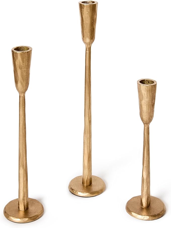 Cast Iron Taper Candle Holder Set of 3, Vintage Candlestick Holders Decorative Candle Stand, Tapered Candle Holders Tall Set for Wedding, Holiday, Home Decor, Christmas Decoration (Gold)