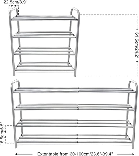4 Tier Extendable Long Shoe Rack for Closet Shoe Organiser Strong and Sturdy Heavy Duty Metal Shoe Shelf Holds 20+ Pairs (60-100) x 22,5 x 61,5 cm