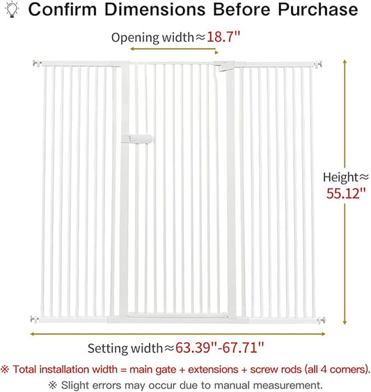 Lumizone Extra Tall Cat Gate 55.12" High Pressure Mounted Extra Wide 2025 New (17 Sizes) 1.37" Gap No Drilling Auto-Close One-Handed Operation Tall Pet Gate for Dogs(White, 55.12" H x 63.39"-67.71" W)