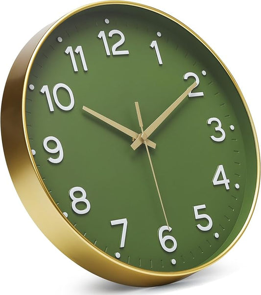 MEIRED Wall Clock 12 Inch Silent Non Ticking Battery Operated Round Wall Clock Modern Simple Style Decor Clock for Home/Office/School/Kitchen/Bedroom/Living Room, Olive Green and Gold