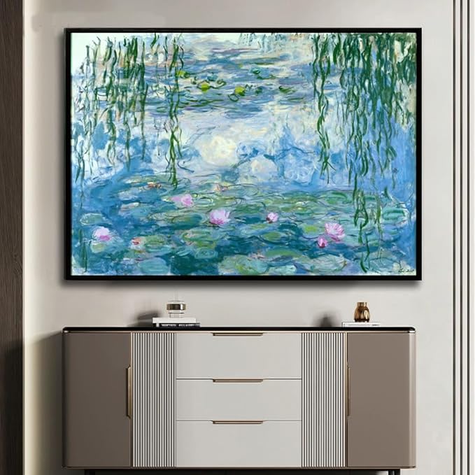 Large Water Lilies by Claude Monet Canvas Wall Art Famous Painting - Classic Canvas Art Wall Decor Picture Print with Black Framed for Home Office Wall Decor-24" x36"