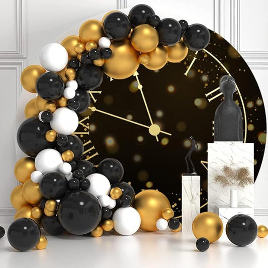 7.2x7.2ft Vintage Black Gold Clock Round Backdrop Cover Happy New Year Photography Background for New Year Eve Party New Year's Countdown Family Party Congrats Grad Celebration Portrait Supply