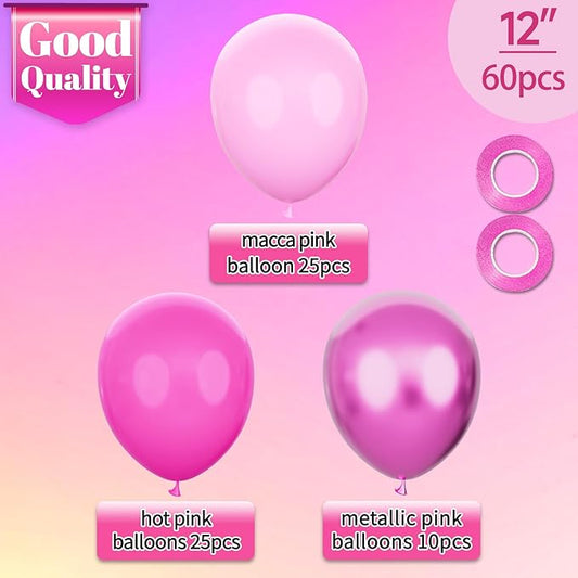 KAWKALSH Pink Balloons Metallic, 60Pcs 12Inch Hot Pink Latex Balloon and Dark Magenta Balloons for Birthday Baby Shower Princess Party Decorations