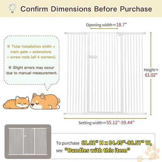 Lumizone Extra Tall Cat Gate 61.02" High Pressure Mounted Extra Wide 2025 New (17 Sizes) 1.37" Gap No Drilling Auto-Close One-Handed Operation Tall Pet Gate for Dogs(White, 61.02" H x 55.12"-59.44" W)