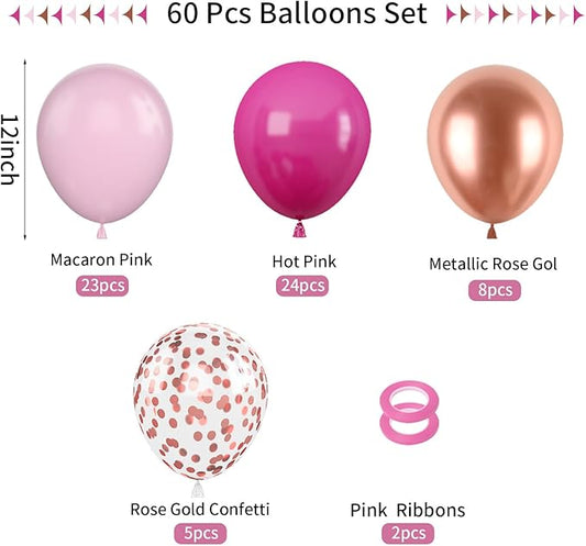Hot Pink and Rose Gold Balloons, 60Pcs Pastel Pink Balloon, 12 Inch Metallic Rose Gold Confetti Balloons Helium Rose Red Latex Balloon for Girls Birthday Baby Shower Wedding Bridal Party Decorations
