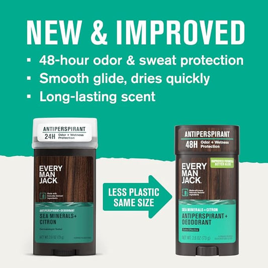 Every Man Jack Men’s Sea Minerals + Citron Antiperspirant Deodorant – New & Improved Formula – Smooth Glide, 48-Hour Odor & Sweat Defense– 2.6 oz (2 Pack)