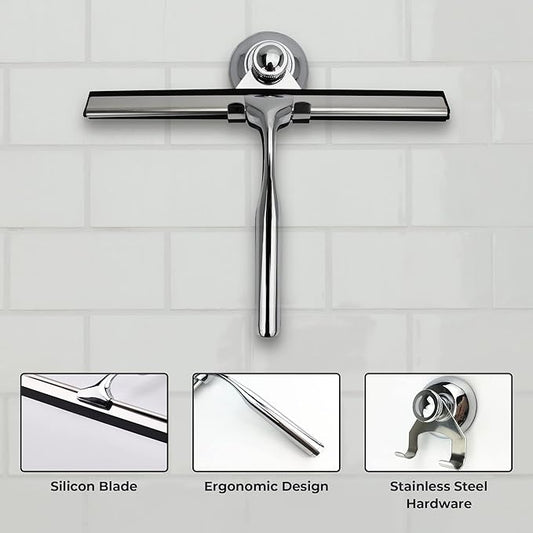 Squeegee for Shower Glass Door with Holder, 10" Silicone Blade, Stainless Steel Chrome Handle, for Kitchen Window, Bathroom Mirror & Car Glass Cleaning by Fab Glass and Mirror