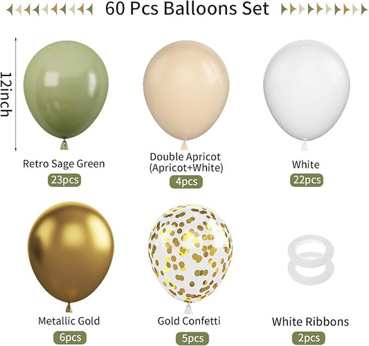 Green & Gold Balloons - 60 Pcs Sage Green & Apricot, 12 Inch Metallic Gold Confetti, Retro Green Latex for Baby Shower, Wedding, Birthday, Jungle Animal Theme Party Decorations