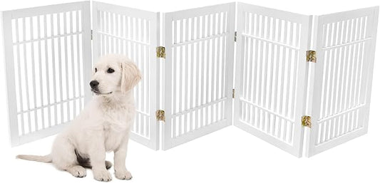 Pet Dog Gate Strong and Durable Freestanding Folding Acacia Hardwood Portable Wooden Fence Indoors or Outdoors by Urnporium (White Pet Gate, 5 Panel 24" Tall)