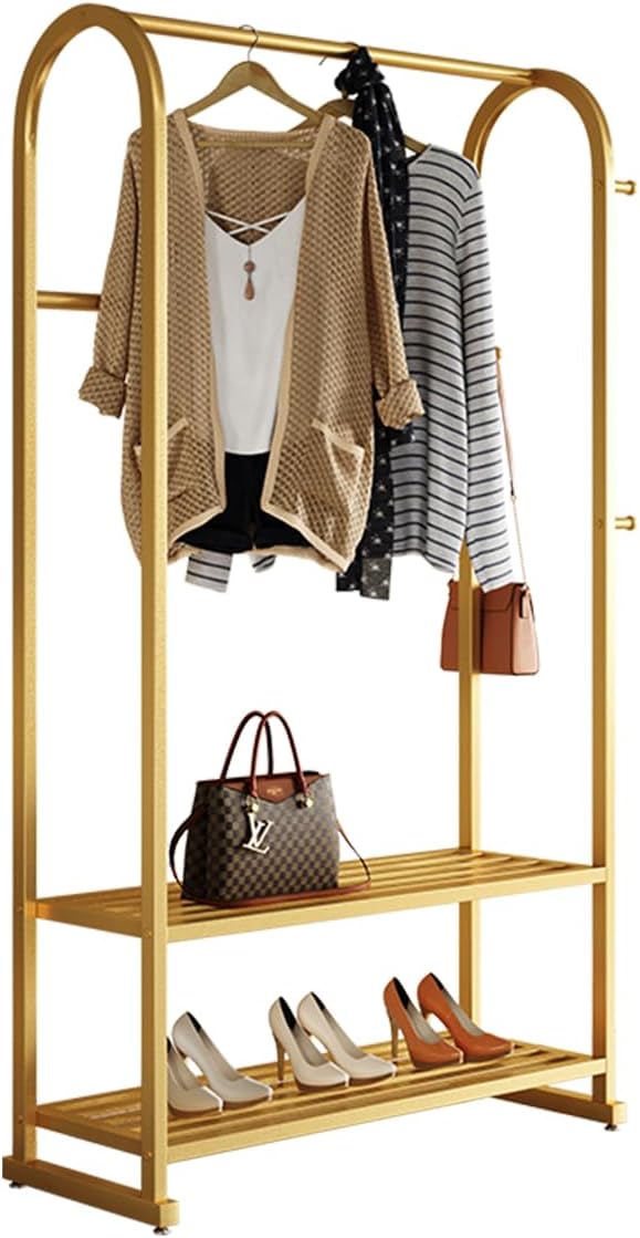 Gold clothing rack,Heavy duty clothes rack with shelves,Metal garment rack for hanging clothes,Wardrobe rack for Boutique, Retail or Home