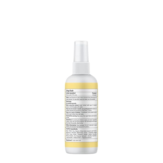 ATTITUDE Hand Sanitizer Spray for Adults and Kids, EWG Verified, Kills Bacteria and Germs, Vegan, Lemon Leaves, 3.38 Fl Oz (Spray Bottle) (Pack of 6)
