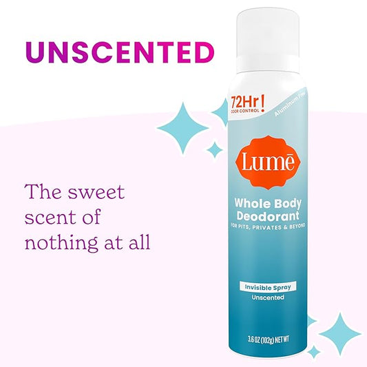 Lume Invisible Spray Deodorant For Women - Whole Body Deodorant Spray - 72 Hr Odor Control - Ozone Friendly, Natural Propellant - Aluminum & Baking Soda Free, Skin Loving - 3.6 ounce (Unscented)