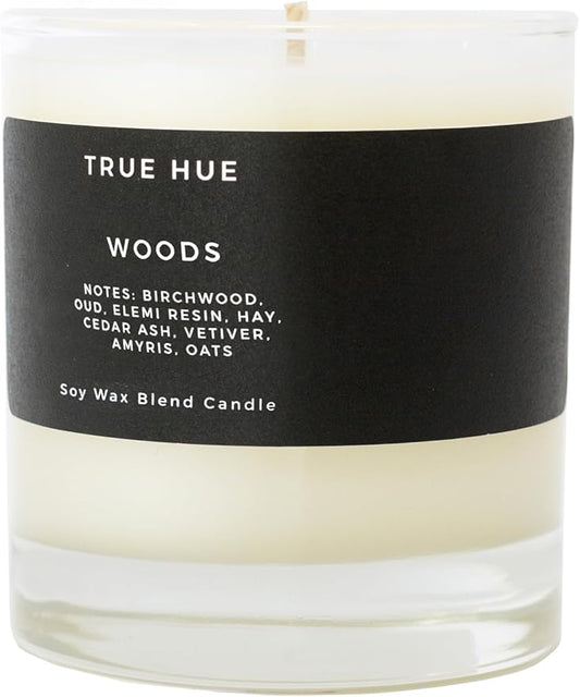 True Hue | Luxury Highly Scented Candle | Premium Soy Wax Blend | 7.75 oz | 40-50 Hour Burn Time | Cotton Wick | Natural Candles | Glass (Woods)