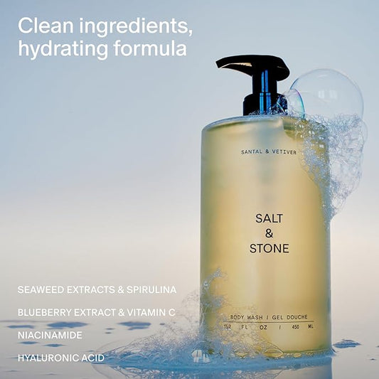 Salt & Stone Body Wash with Antioxidants for Deep Moisture | For Women & Men, Sulfate, Paraben, & Dye Free, Leaving Skin Soft and Hydrated | Santal & Vetiver 32 fl oz