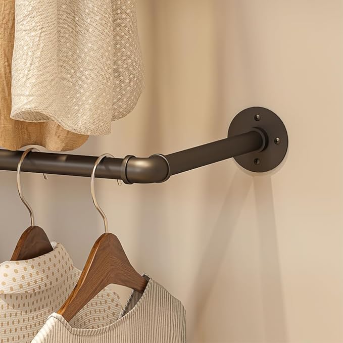 Industrial Pipe Clothing Rack - Heavy Duty Wall Mounted Clothes Rack, Corner Closet System, DIY Wardrobe Organizer with Shelves, Walk in Closet Storage (BLACK, 94.5")