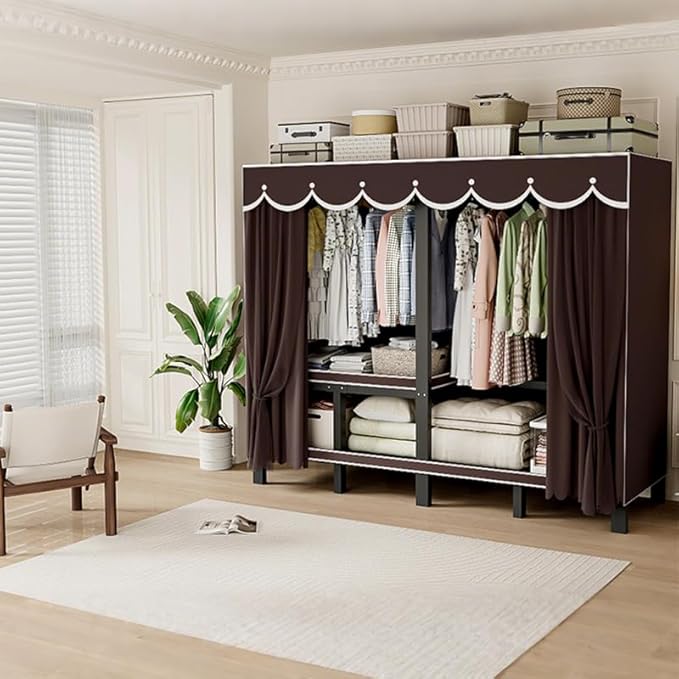 Foldable Portable Wardrobe Closet with Cover, Heavy Duty Clothing Rack for Hanging Clothes has 59in Vertical Storage Space, Coffee Metal Garment Rack (Coffee, 59.05in)