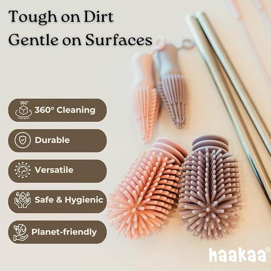 Haakaa Silicone Cleaning Brush Kit – Household Cleaning Brushes for Bottles and Crevices – Food-Grade Silicone: Dishwasher Safe (Kit-Blush)