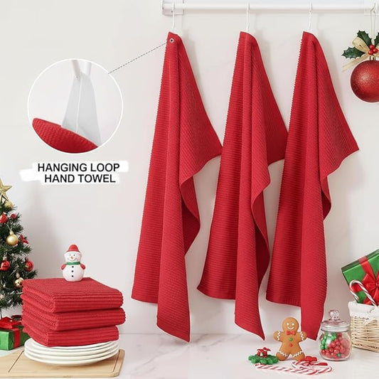 Homaxy Premium Kitchen Towels (18"x 28", 6 Pack), Large 100% Cotton Kitchen Hand Towels, Ultra Absorbent Ribbed Terry Tea Towels Set with Hanging Loop, Red