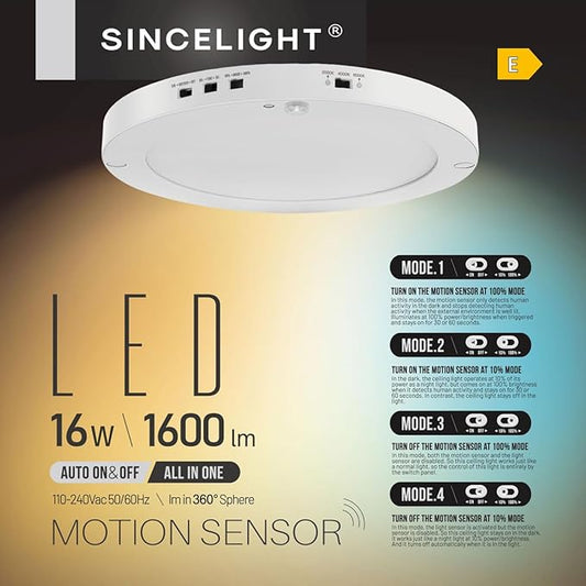 SINCELIGHT Ultimate LED Motion Sensor Ceiling Light (All in ONE), 3000K/4000K/6000K Warm to Cool Turnable, Multi-Mode, Dusk to Dawn & Movement Activated for Hallway/Porch/Closet, Pack of 1