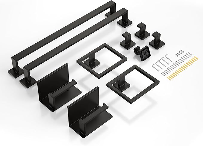 10-Piece 23.6 Inch Matte Black Bathroom Hardware Accessories Set, Bath Towel Bar Set, SUS304 Stainless Steel Toilet Paper Holder with Shelf, Towel Hooks, Towel Rings Wall Mounted