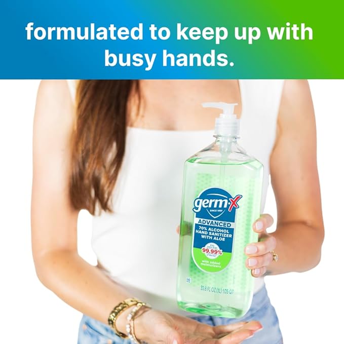 Germ-X Advanced Hand Sanitizer with Aloe and Vitamin E, 1 Liter, Less Drying Moisturizing Gel, No Rinse Formula, Pump Bottle