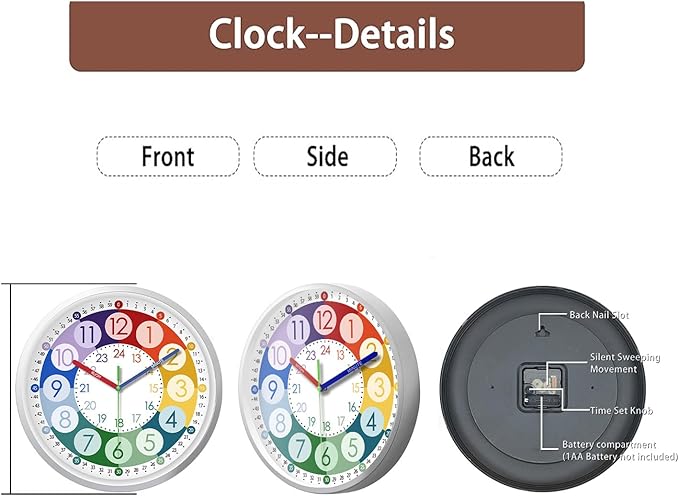 XFM Learning Clock for Kids 12 Inch Colorful Teaching Time Wall Clocks Battery Operated Silent Analog Clock for Kids Room Classroom School Playroom
