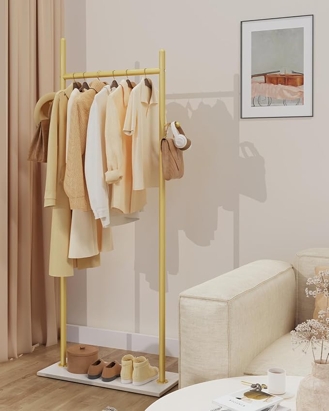 Large Metal Coat Rack Freestanding, Modern Coat Hanger Stand with 2 Hooks and Heavy Rock Slab Base, Industrial Clothing Rack, Coat Stand, 25.6 x 11.8 x 68.9 In, Golden Yellow, GYJ202LWJ