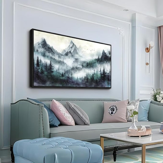 Wapluam Mountain Canvas Wall Art Living Room Modern Wall Decorations For Bedroom Trees Landscape Painting Forest Pictures Office Wall Decor Canvas Prints Large Home Decor Black Framed 48x24