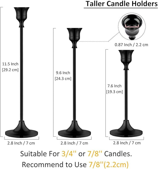 Metal Candle Holders for Candlesticks Taper Candlestick Holders Set Vintage Decorative Centerpiece Candelabra Tall Candle Stands (Matt Black, 1 Set (3 pcs))