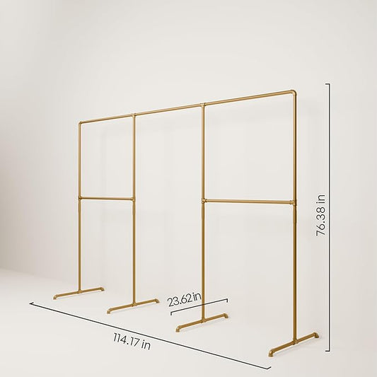 pamo Gold Clothing Rack – 114.17" W x 76.38" H – Industrial Pipe Metal Garment Organizer for Bedroom or Retail – Heavy-Duty Clothes Rack – Easy Assembly