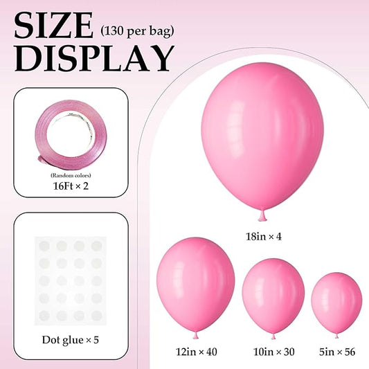 130PCS Pink Balloons, Latex Balloons Different Sizes 18/12/10/5 Inch, Helium Balloons with Ribbon, Party Balloon Set for Birthday Wedding Graduation Anniversary Baby Shower Decorations.