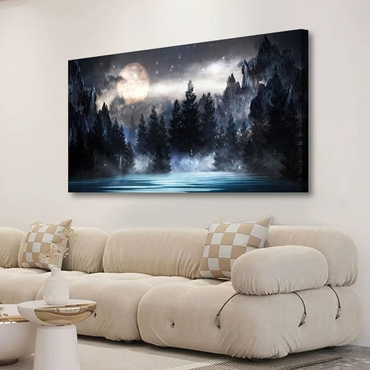 Mountain Moon Pictures Canvas Wall Art for Living room Office Bedroom Wall Decor,Moon Wall Art Print Paintings Modern Forest Nature Blue Lake Artwork Waterproof Ready to Hang-20x40inch