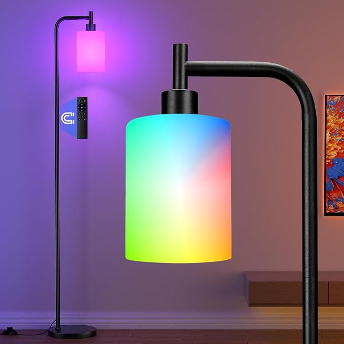 RGB Floor Lamps for Living Room, Dimmable Industrial Standing Lamp with Remote Control for Bedroom Office Corner, 3 Colors Temperature, White Glass Shade, 9W RGB LED Bulb