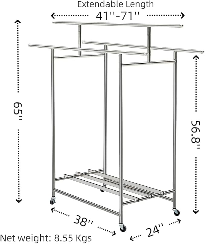 Stainless Steel Clothes Rack, 3-Rod Garment Rack for Hanging Clothes with 4 Wheels Load 600 LBS