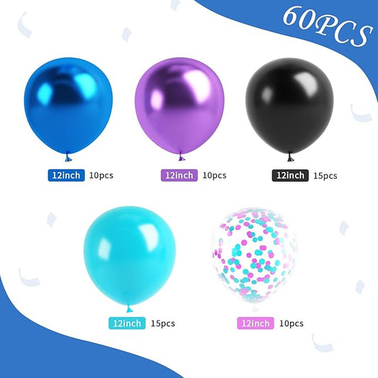 Black Purple Blue Balloon, 60 Pcs 12 Inches Metallic Blue Purple Teal Balloons Confetti Balloons for Kids Video Game Party Decoration Baby Shower Engagement Graduation Party Decorations