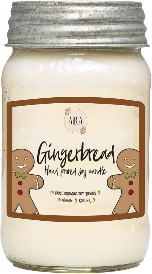 Aira Holiday Soy Candles - Organic, Kosher, Vegan, Mason Jar Candle w/Aromatherapy Essential Oils - Hand-Poured 100% Soy Candle Wax - Paraffin Free, Burns 110+ Hours - Gingerbread - 16 Ounces