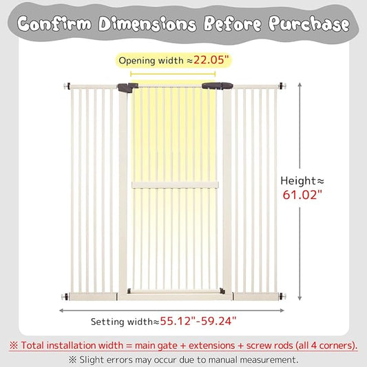 Lumizone Extra Tall Cat Gate 61.02" High Pressure Mounted Extra Wide 55.12"-59.24" (17Sizes) 1.37" Gap No Drilling Auto-Close Tall Pet Gate for Dogs (Cream, 55.12"-59.24" W)