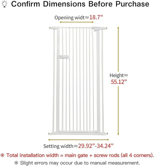 Lumizone Extra Tall Cat Gate 55.12" High Pressure Mounted Extra Wide 2025 New (17 Sizes) 1.37" Gap No Drilling Auto-Close One-Handed Operation Tall Pet Gate for Dogs(White, 55.12" H x 29.92"-34.24" W)