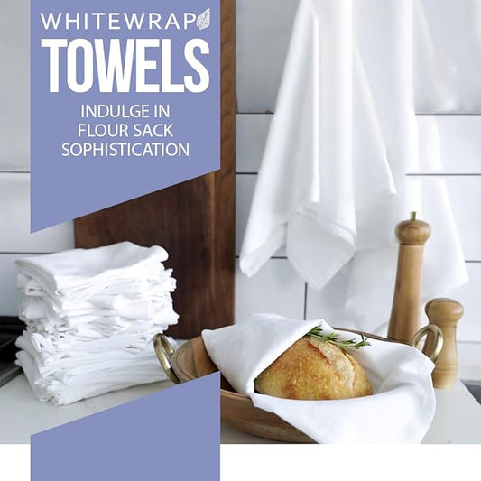 WHITEWRAP Flour Sack Towels| TeaTowel for Crafts| Kitchen Dish Cotton Blank Towel for Embroidery|Baking Bread Proofing Linen Cover| Thick Absorbent Quick Dry| 24 Pack 28"x28" White