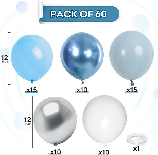 60 Pcs Baby Blue and Silver Balloons, 12 Inch Light Blue Dusty Pale Blue White Latex Balloons with Chrome Metallic Silver Party Balloons for Boys Baby Shower Baptism Winter Birthday Party Decorations