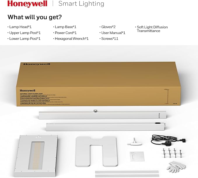 Honeywell 6000LM LED Floor Lamp, 77" Eye-Caring Reading Floor Lamps for Living Room, 60W Modern Natural Daylight 4000K Dimmable Bright Standing Light for Living Room for Kids Study Home Office White